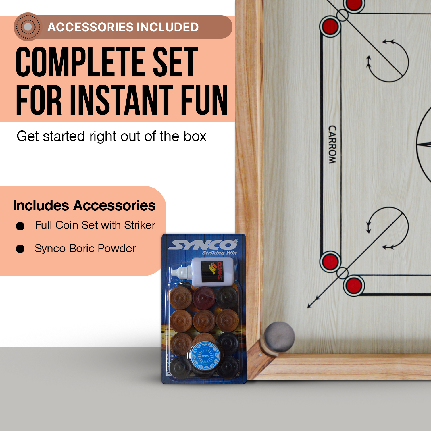 Synco Mango Series 83 carrom board with striker, coins set and powder 
