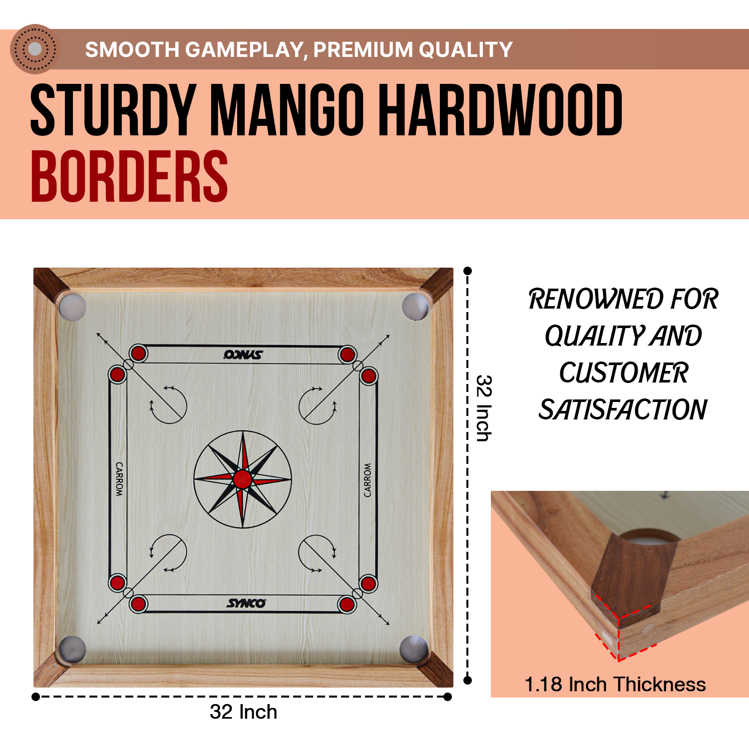 Synco mango series strong tough carrom board size dimensions 