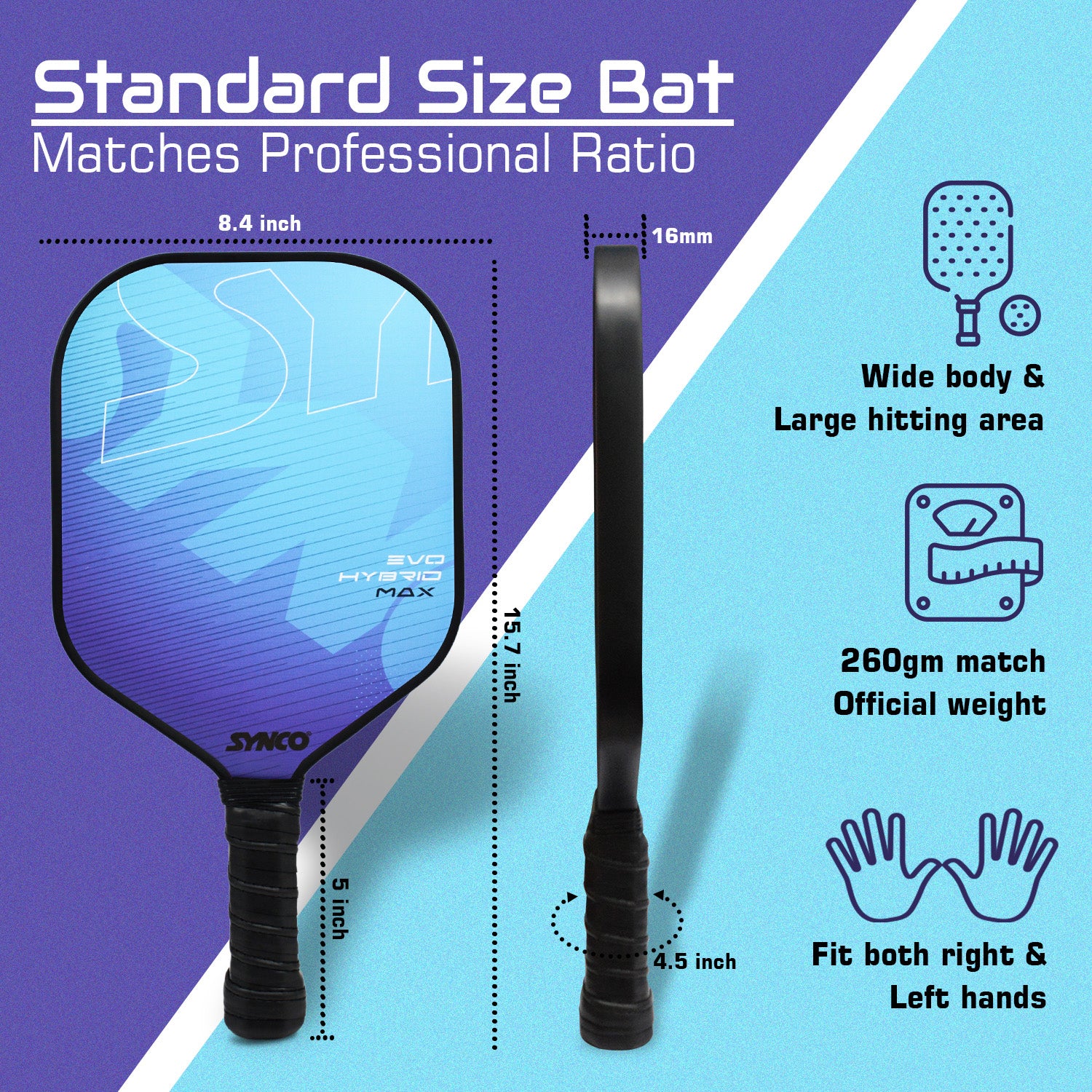 Synco Pickleball Paddle Set Hybrid Max Blue size ratio