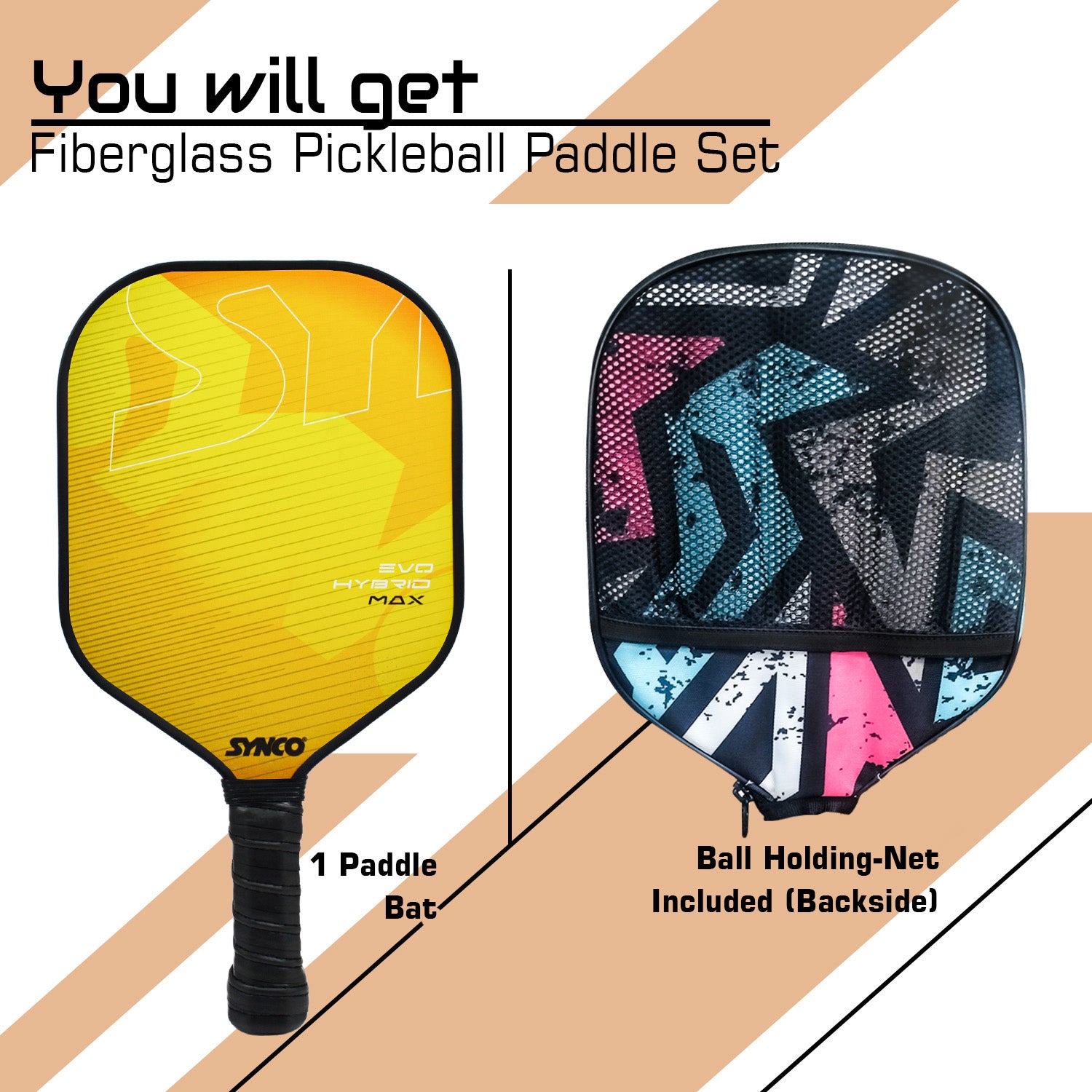Pickleball Paddle Set Hybrid Max Yellow  1 Pickleball Racket fiberglass with cover