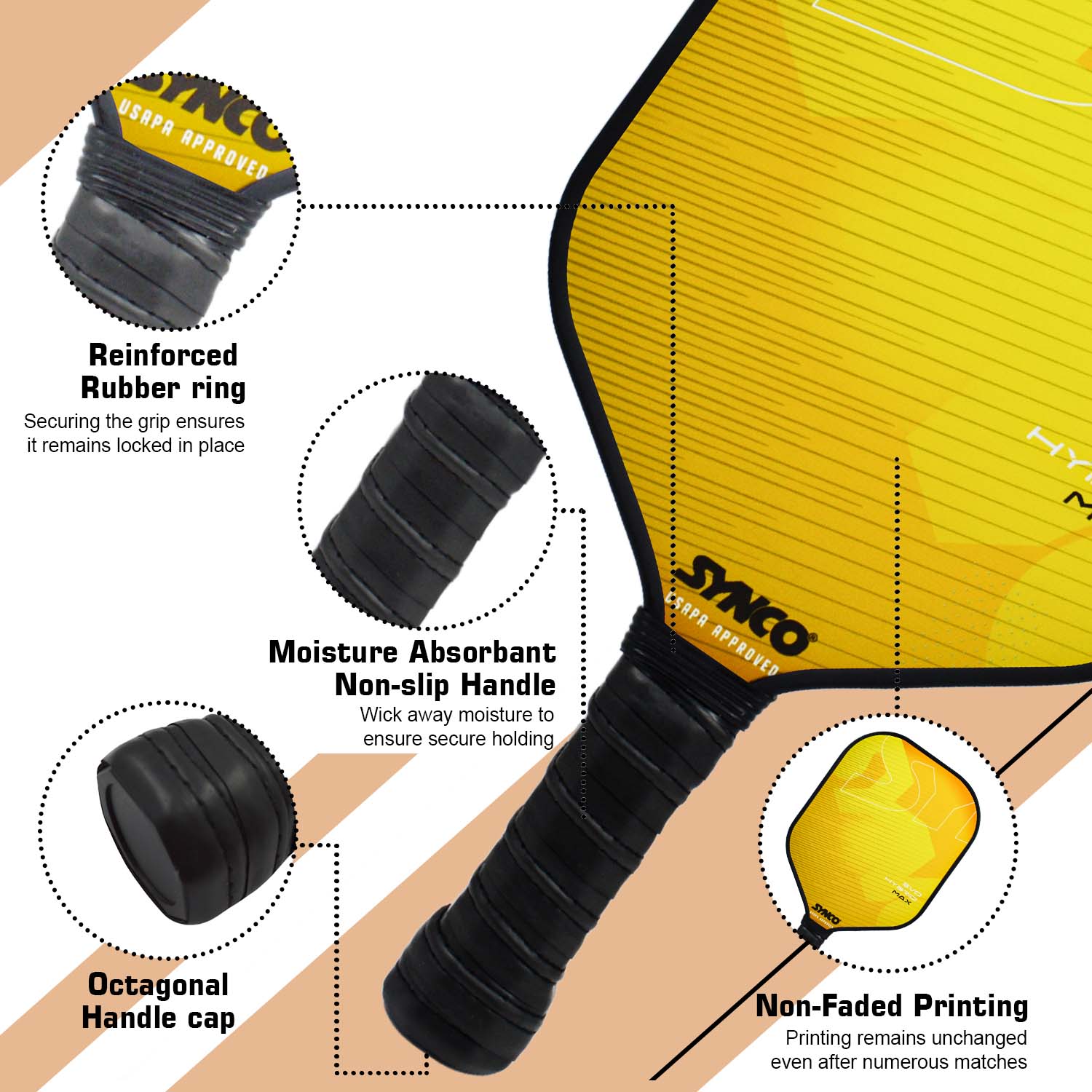 Synco Pickleball Paddle Set Hybrid Max Yellow  Fiberglass Lightweight Racket with Cushion Comfort Grip