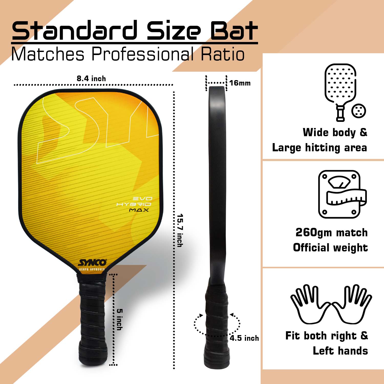 Synco Pickleball Paddle Set Hybrid Max Yellow size ratio