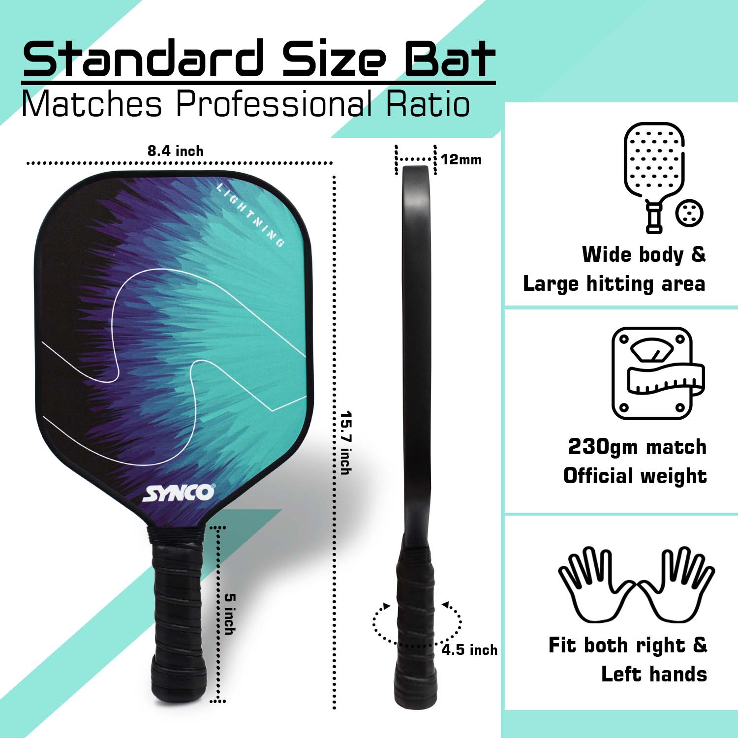 Synco Pickleball Paddle Set Lightning Blue size ratio