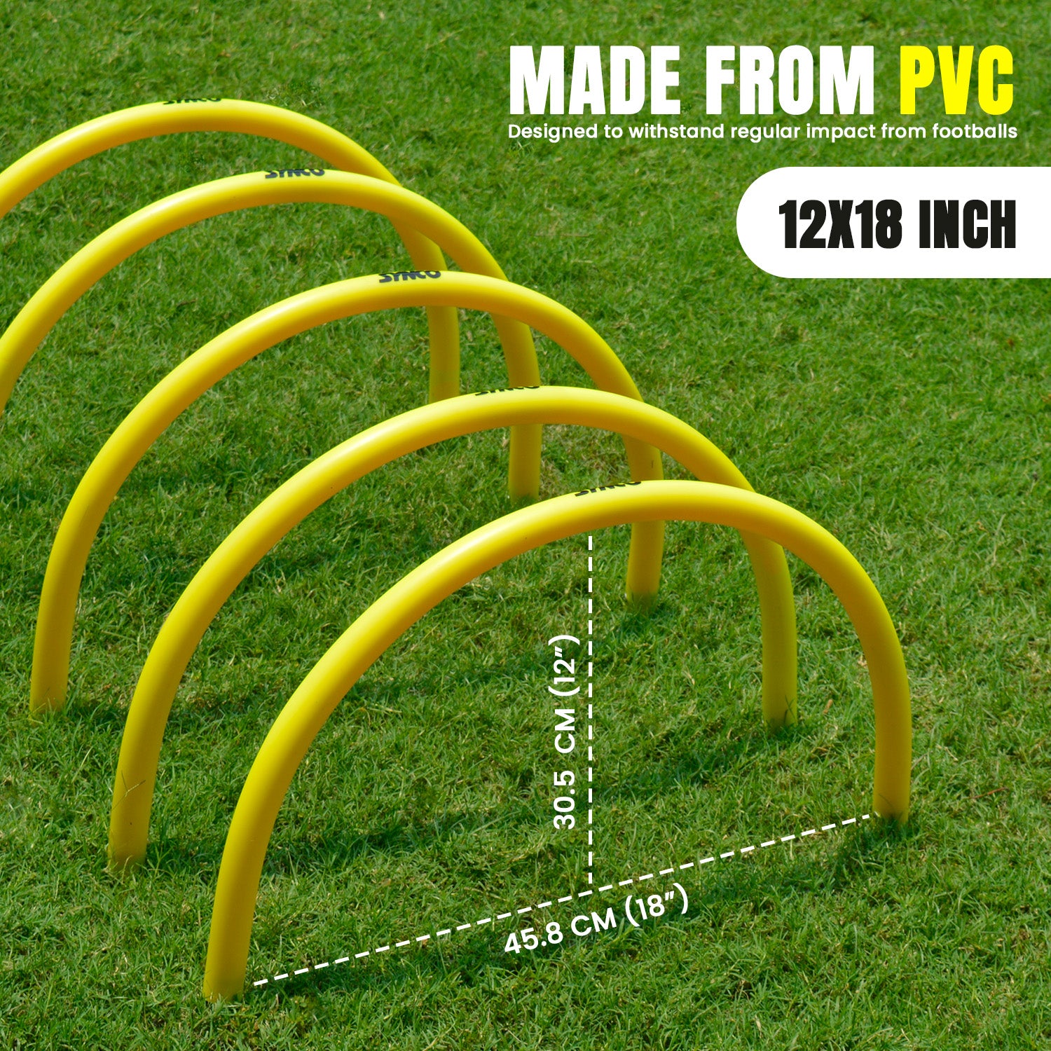 Synco TrainingYellow PVC arc on grass with dimensions and material information.