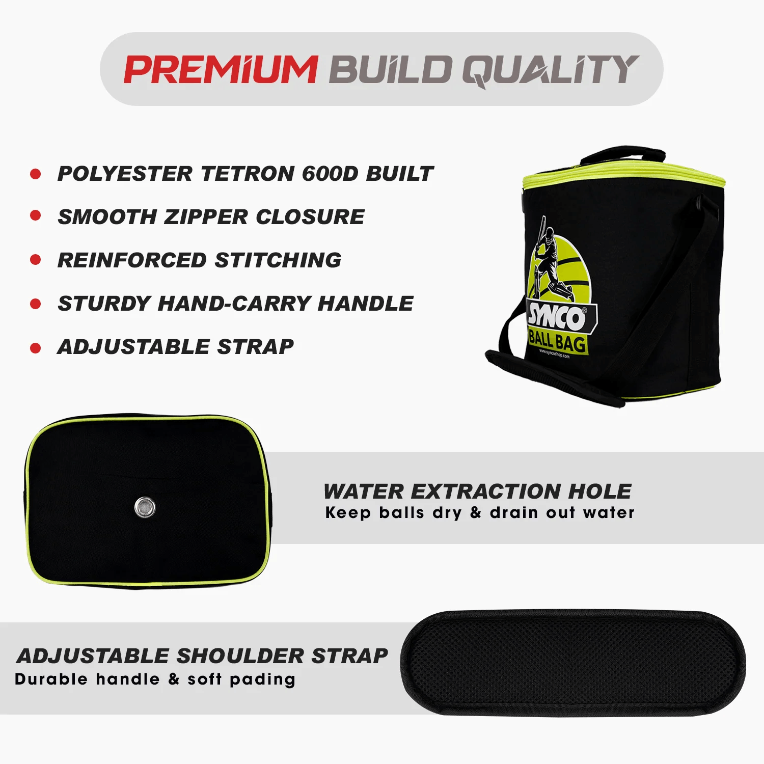 Black-coloured cricket ball  bag synco features advantages. 