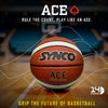Synco ACE basketball on a basketball court with branding and text overlay.