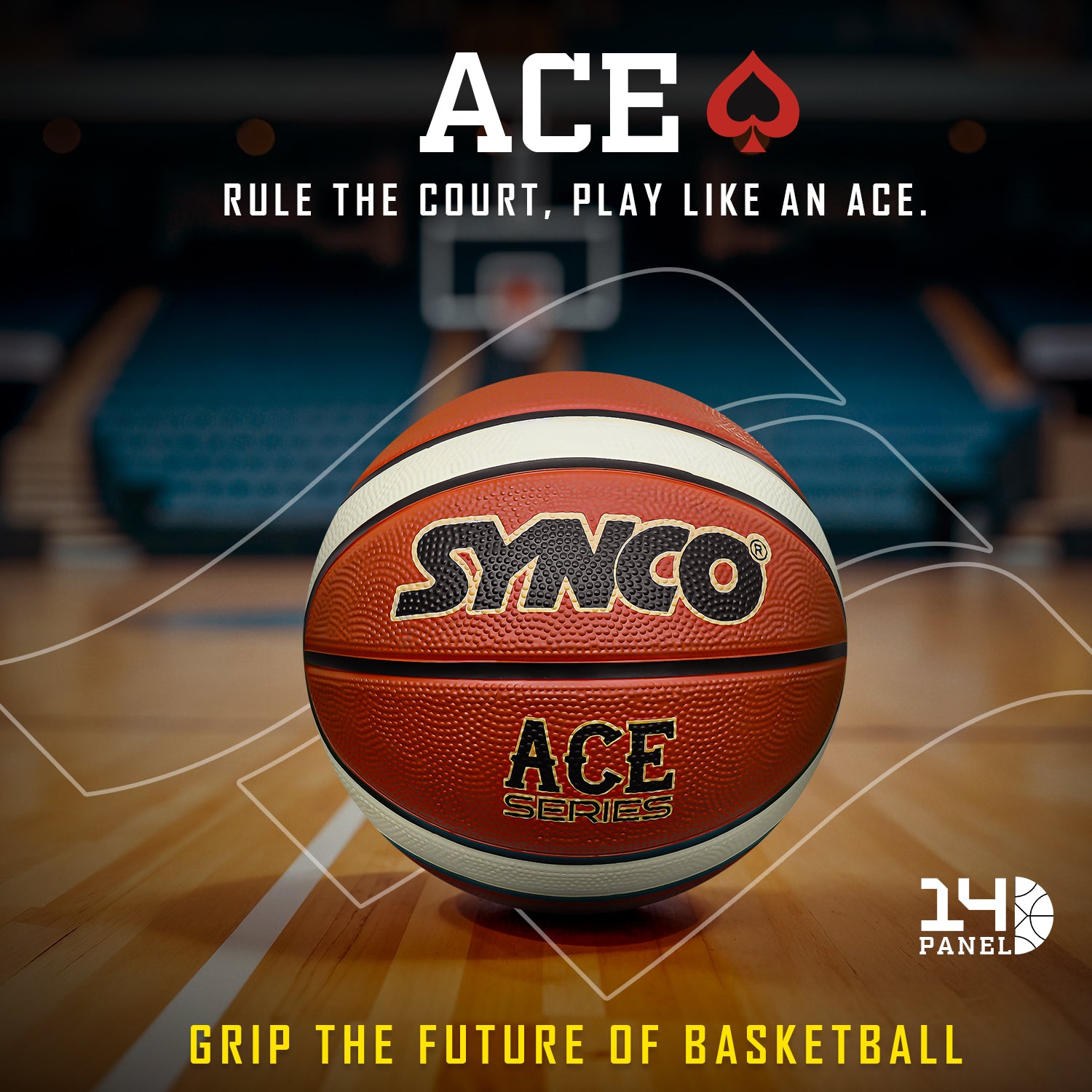 Synco ACE basketball on a basketball court with branding and text overlay.
