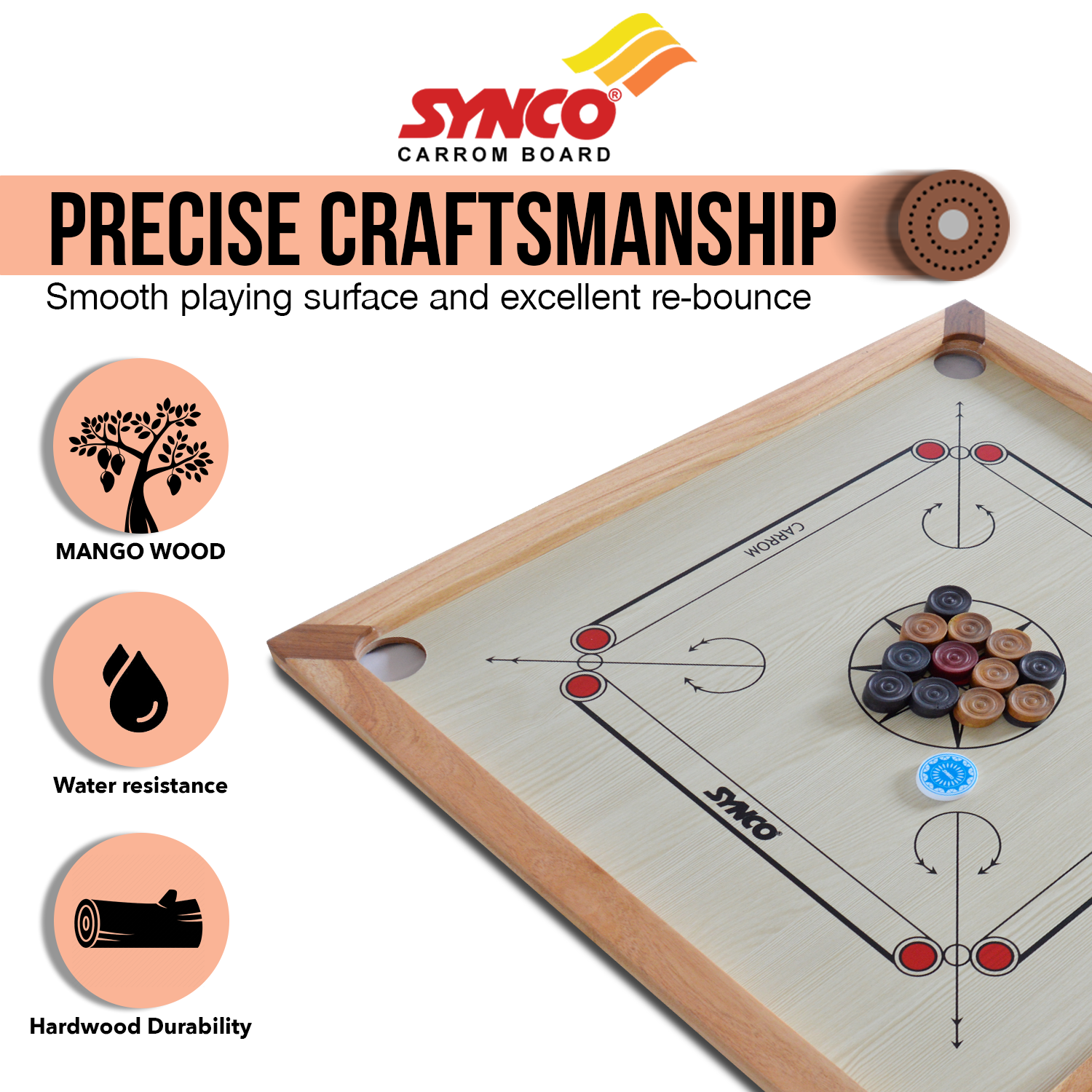 Synco Mango Series 83 carrom board with features benifits 
