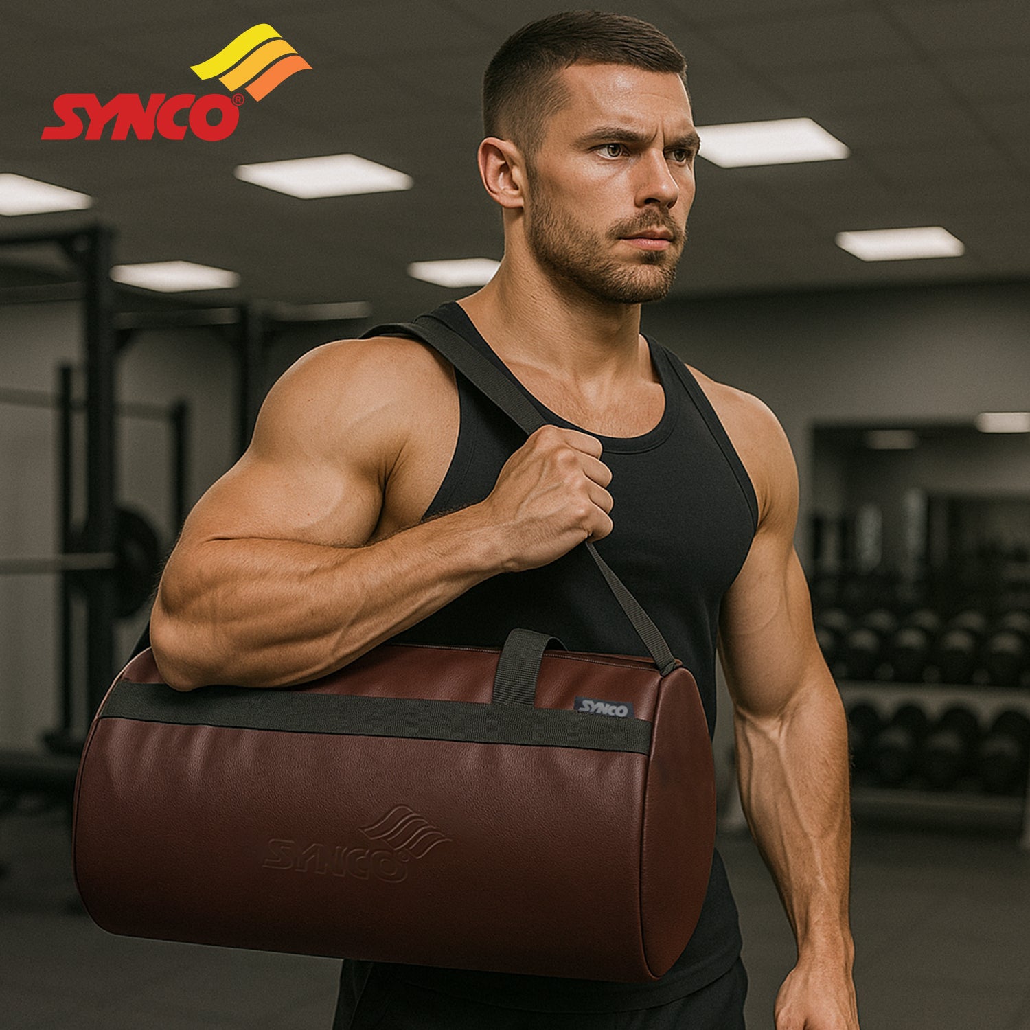 Synco gym bag leather brown side