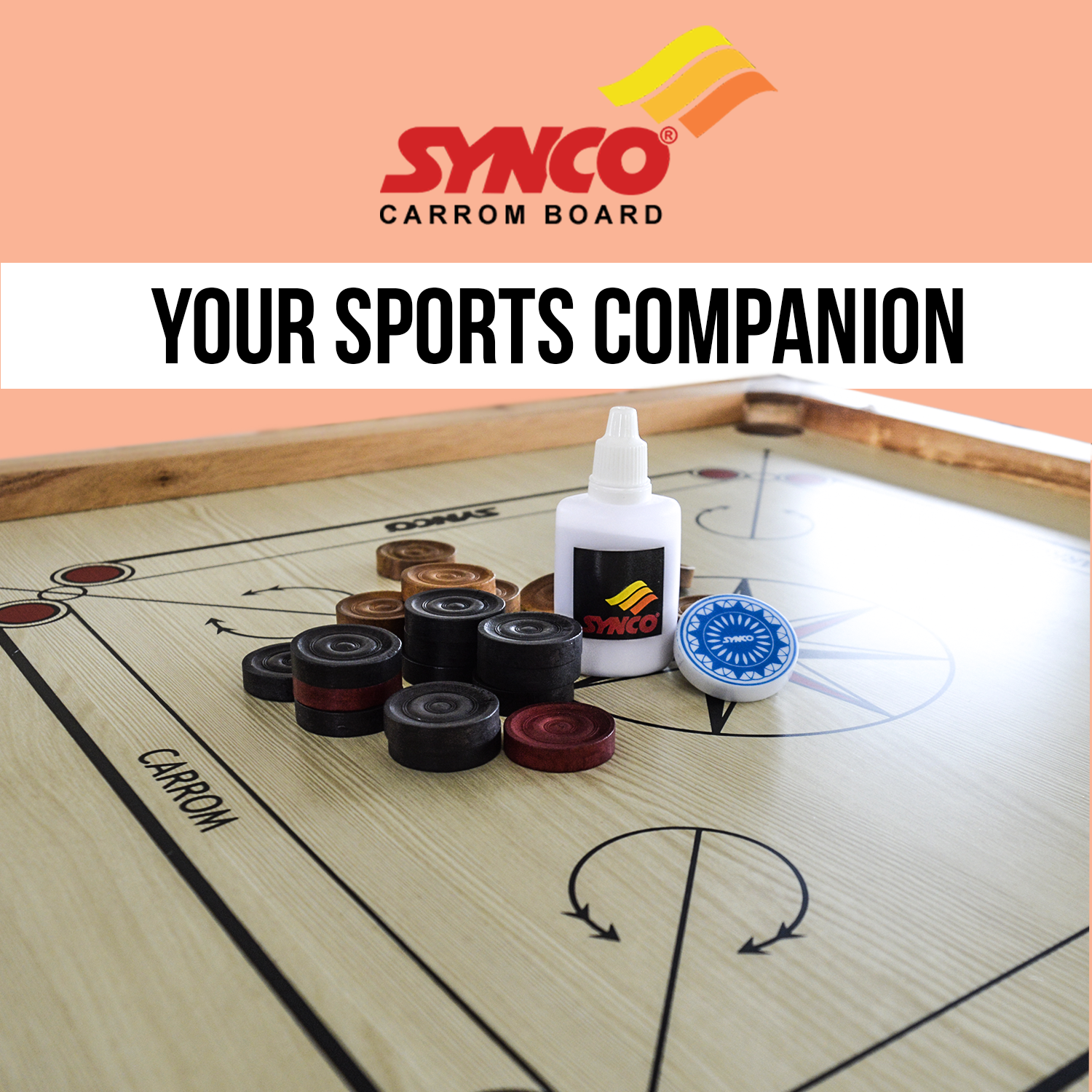 Carrom board with accessories and Synco Carrom Board logo on a peach background