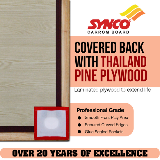 Synco carrom board with Thailand professional pine plywood backing and product features.