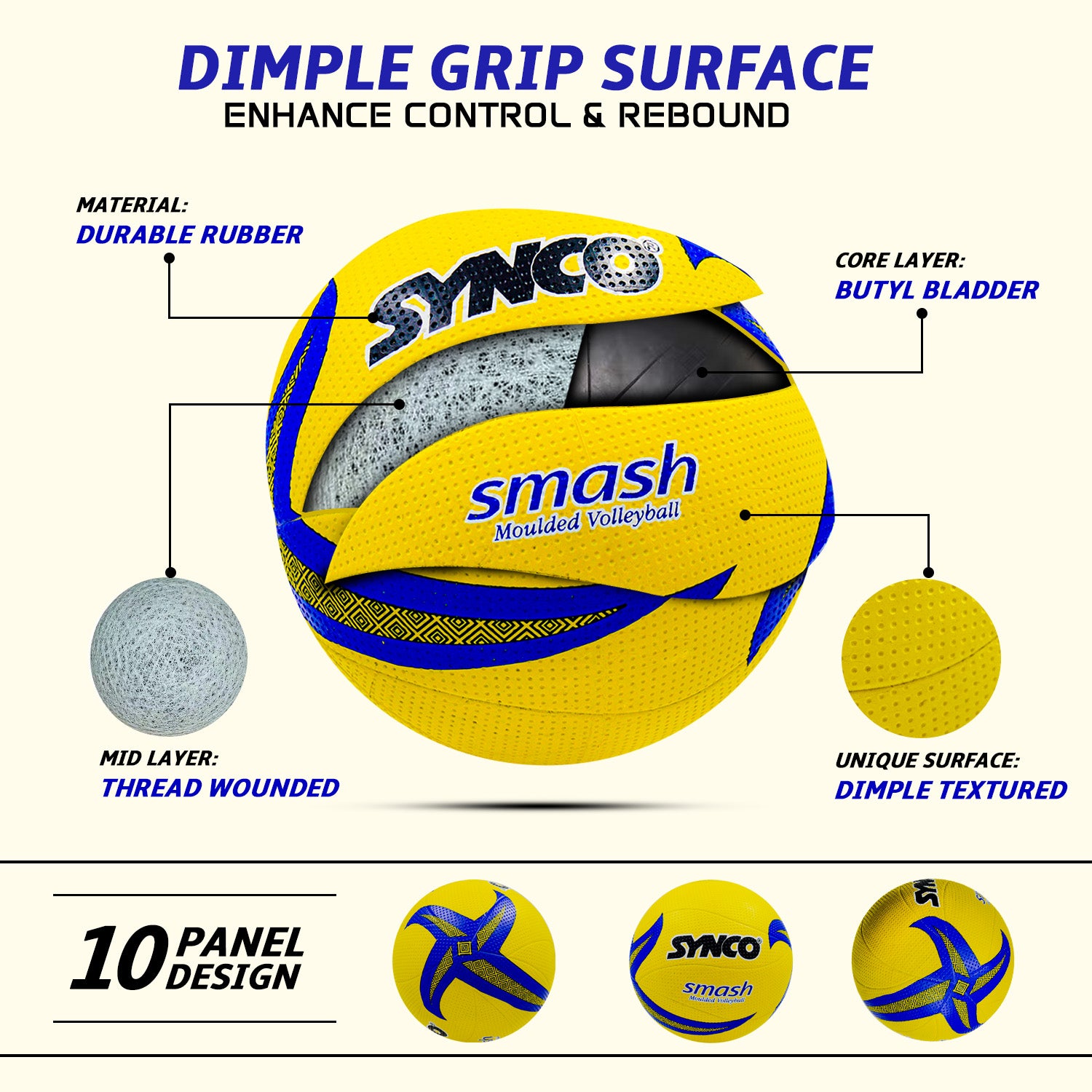 Synco smash yellow volleyball with construction details