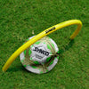 Synco soccer ball with a yellow training arc on a grass field.