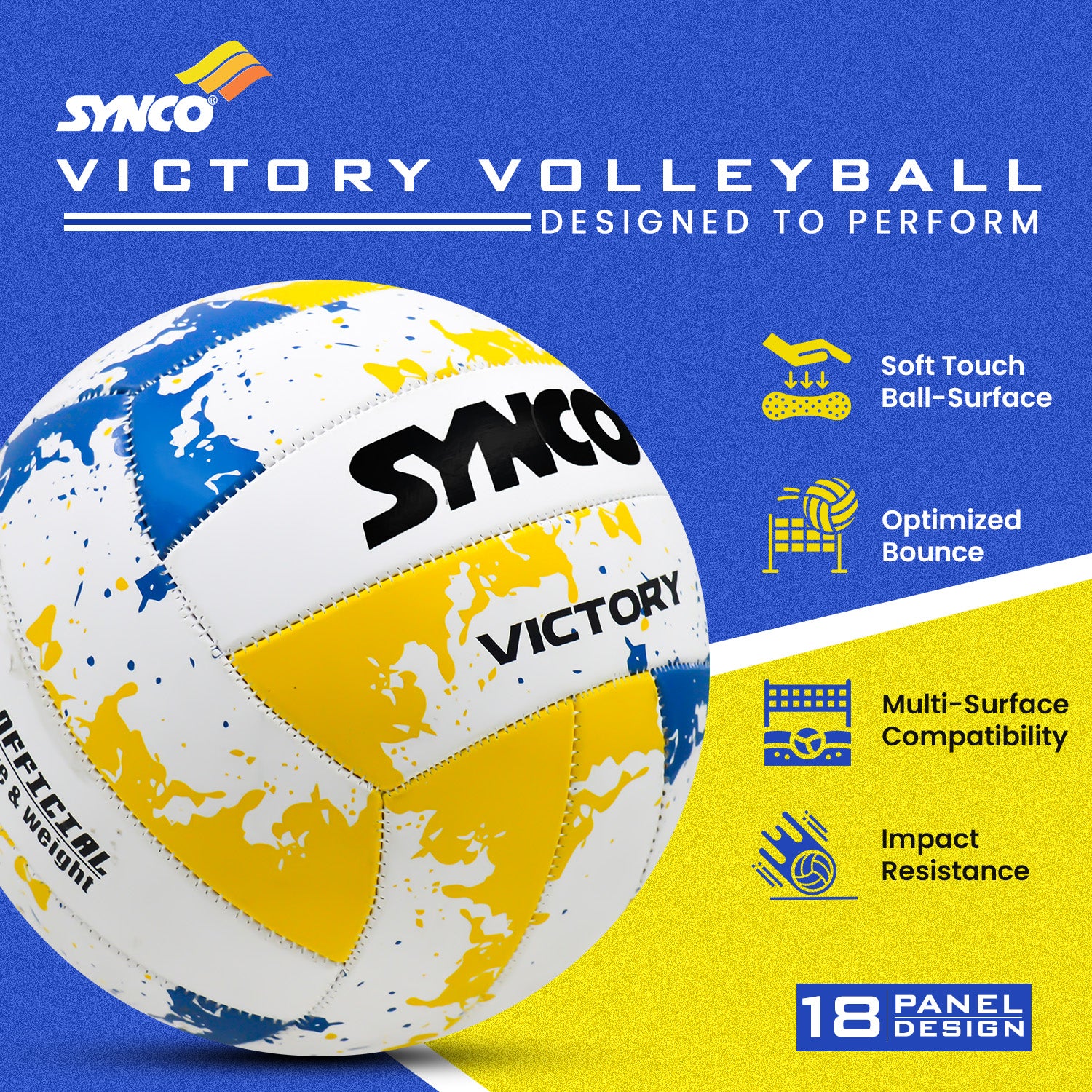 SYNCO Victory volleyball with features listed on a blue and yellow background