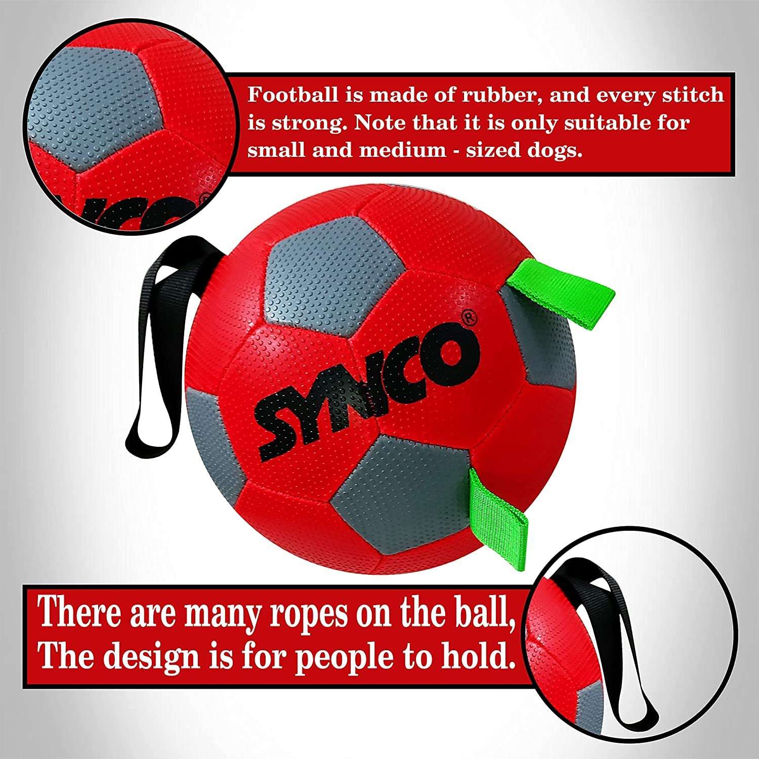 Synco Dog Toy Football with Green Holding Loops | Dog Ball Size-3 | Dog Toy Ball (RED)