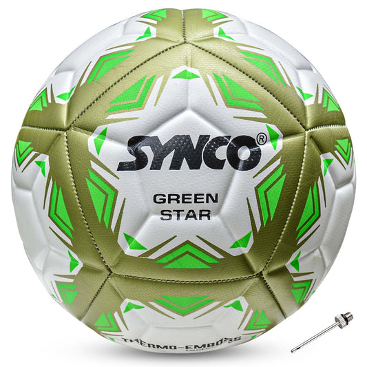 Synco Green Star Embossed Football | 12 Panel Thermo Fusion Football Match Ball | TPU Machine Stitched Football for Hard Ground | Professional Football Ball for Training and Matches, Size-5