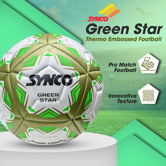 Synco Green Star Embossed Football | 12 Panel Thermo Fusion Football Match Ball | TPU Machine Stitched Football for Hard Ground | Professional Football Ball for Training and Matches, Size-5